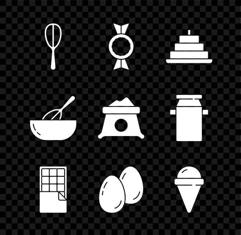 Set Kitchen whisk, Candy, Cake with burning candles, Chocolate bar, Easter eggs Stock Illustration