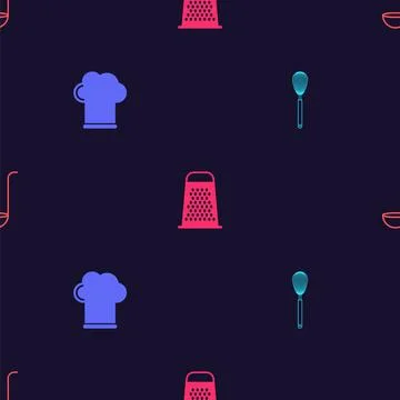 Set Kitchen whisk, Chef hat, Grater and ladle on seamless pattern. Vector Stock Illustration