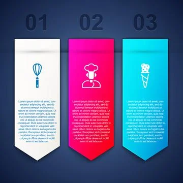 Set Kitchen whisk, Cook and Ice cream in waffle cone. Business infographic .. Stock Illustration