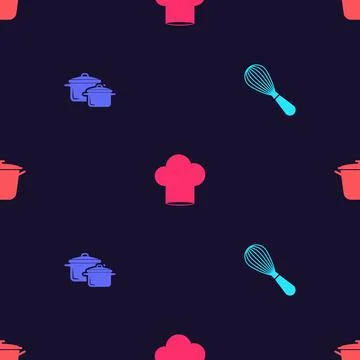 Set Kitchen whisk, Cooking pot, Chef hat and on seamless pattern. Vector イラスト素材
