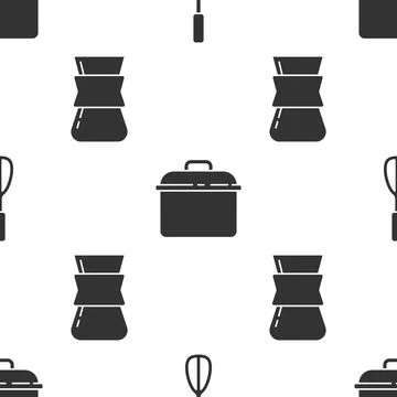 Set Kitchen whisk, Cooking pot and Coffee turk on seamless pattern. Vector 스톡 일러스트