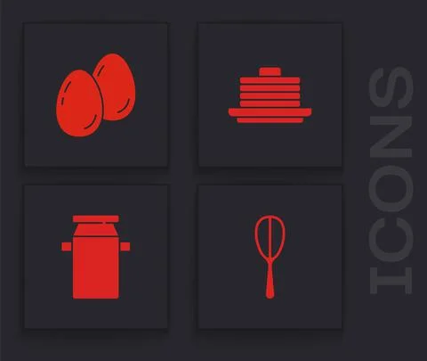 Set Kitchen whisk, Easter eggs, Stack of pancakes and Can container for milk Stock Illustration