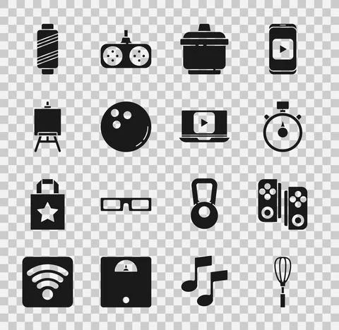 Set Kitchen whisk, Gamepad, Stopwatch, Cooking pot, Bowling ball, Easel or Stock Illustration