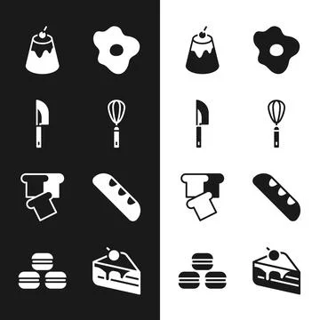 Set Kitchen whisk, Knife, Pudding custard, Scrambled eggs, Bread toast, French Stock Illustration