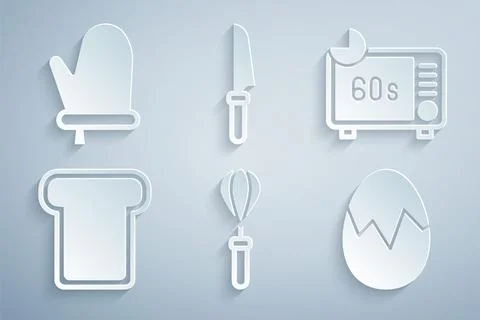 Set Kitchen whisk, Microwave oven, Bread toast, Broken egg, Knife and Oven glove Stock Illustration