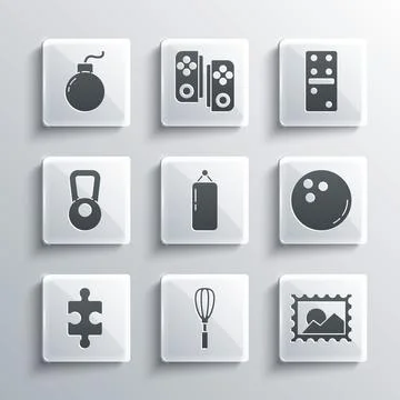 Set Kitchen whisk, Postal stamp, Bowling ball, Punching bag, Piece of puzzle Stock Illustration