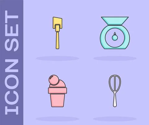 Set Kitchen whisk, Spatula, Ice cream and Scales icon. Vector Illustration