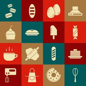 Set Kitchen whisk, Stack of pancakes, Candy, Easter eggs, Homemade pie, Cake Illustrazione stock