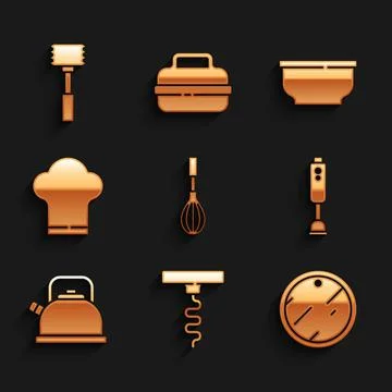 Set Kitchen whisk, Wine corkscrew, Cutting board, Blender, Kettle with handle Illustration