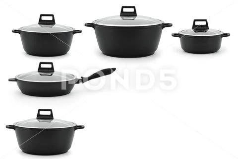 Set of kitchenware cast iron black steel isolate white background. Stock Photos