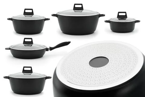 Set of kitchenware cast iron black steel isolate white background. Stock Photos
