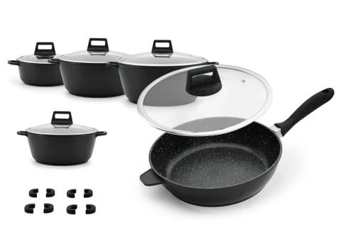 Set of kitchenware cast iron black steel isolate white background. Stock Photos