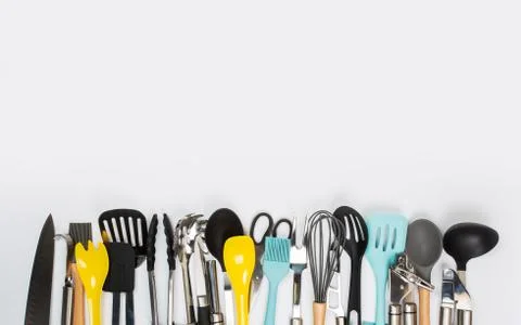 Set of kitchenware on gray background Stock Photos