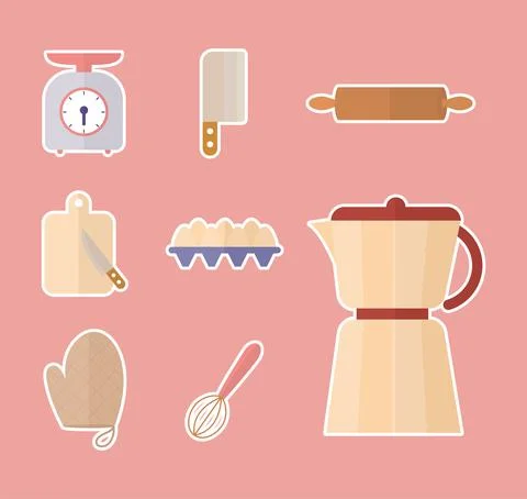 Set of kitchenware icons on a pink background Stock Illustration