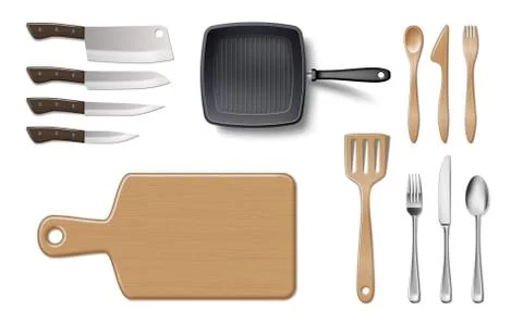 Set of kitchenware utensils or cookware mockup isolated on white. Kitchen Pan Stock Illustration