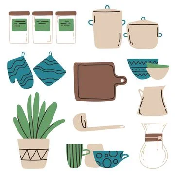 Set of a kitchenware vector illustration. Pans, cups for coffee, bowls, che.. Stock Illustration