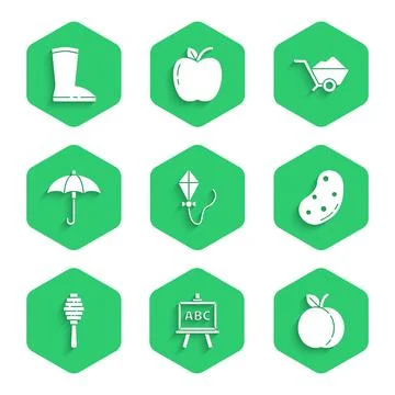 Set Kite, Chalkboard, Peach fruit, Potato, Honey dipper stick, Umbrella Stockillustratie