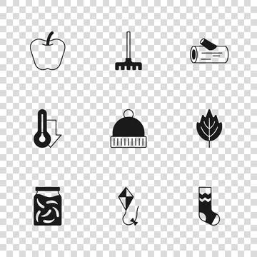 Set Kite, Leaf, Socks, Winter hat, Wooden log, Apple, Garden rake and Therm.. 库存插图