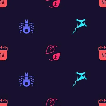Set Kite, Spider, Leaf and November calendar autumn on seamless pattern. Vector イラスト素材