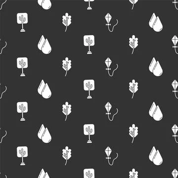 Set Kite, Water drop, Tree and Leaf or leaves on seamless pattern. Vector Illustrazione stock
