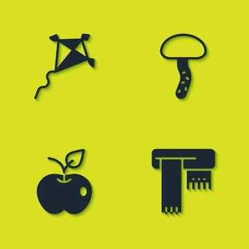 Set Kite, Winter scarf, Apple and Mushroom icon. Vector Stock Illustration