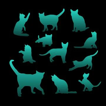 Set of kitty silhouette isolate on black background Stock Illustration