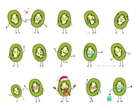 Set of kiwi characters with emotions, face, arms and legs Stock Illustration