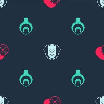 Set Kiwi fruit, Cabbage and Onion on seamless pattern. Vector Stock Illustration