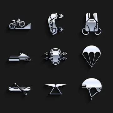 Set Knee pads, Hang glider, Helmet, Parachute, Rafting boat, Snowmobile, and イラスト素材