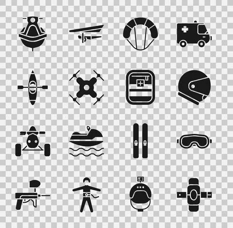Set Knee pads, Ski goggles, Helmet, Parachute, Drone flying, Kayak or canoe, Jet 库存插图