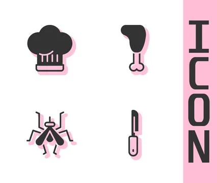 Set Knife, Chef hat, Mosquito and Chicken leg icon. Vector Stock Illustration