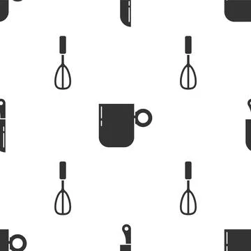 Set Knife, Coffee cup and Kitchen whisk on seamless pattern. Vector 스톡 일러스트