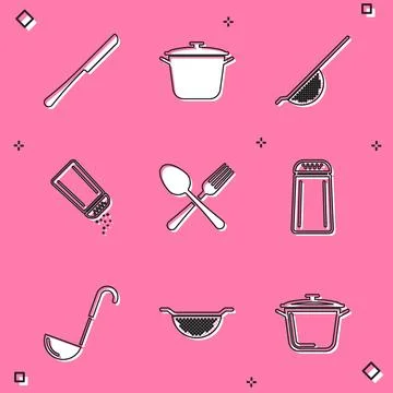 Set Knife, Cooking pot, Kitchen colander, Salt pepper, Crossed fork spoon, .. Illustration