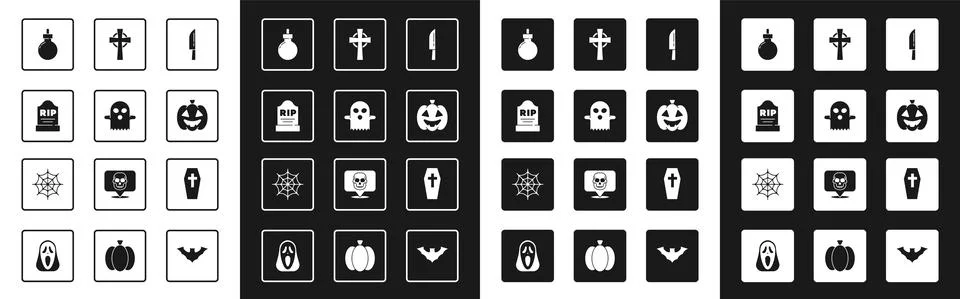 Set Knife, Ghost, Tombstone with RIP written, Bomb ready explode, Pumpkin, cross 스톡 일러스트