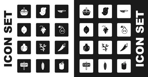 Set Knife, Grape fruit, Lemon, Basket and food, Pear, Potato, Hot chili pepper Stock-Illustration