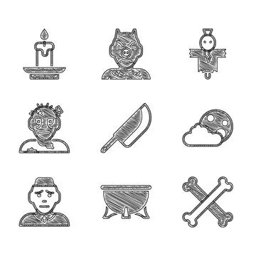 Set Knife, Halloween witch cauldron, Crossed bones, Moon and stars, Priest Stock Illustration