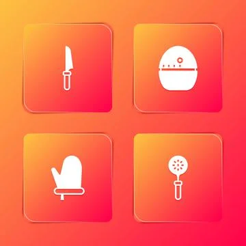 Set Knife, Kitchen timer, Oven glove and Spatula icon. Vector イラスト素材