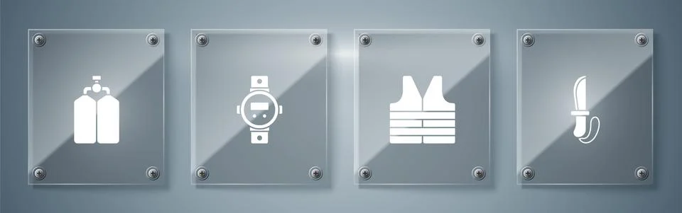 Set Knife, Life jacket, Diving watch and Aqualung. Square glass panels. Vector 库存插图