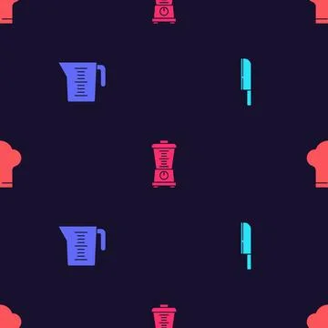 Set Knife, Measuring cup, Blender and Chef hat on seamless pattern. Vector Stock Illustration