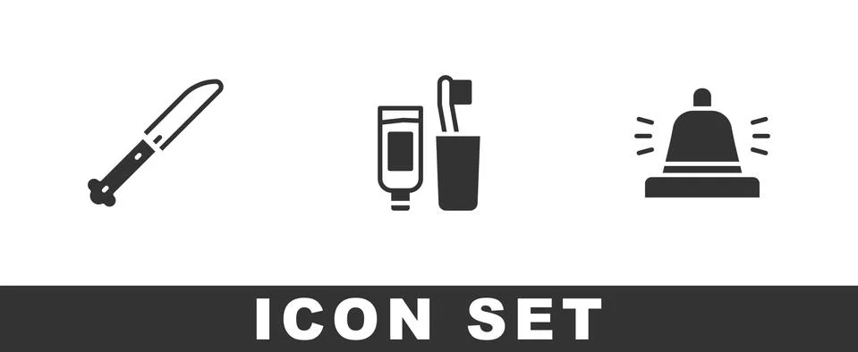 Set Knife, Toothbrush and toothpaste and Hotel service bell icon. Vector Stock Illustration