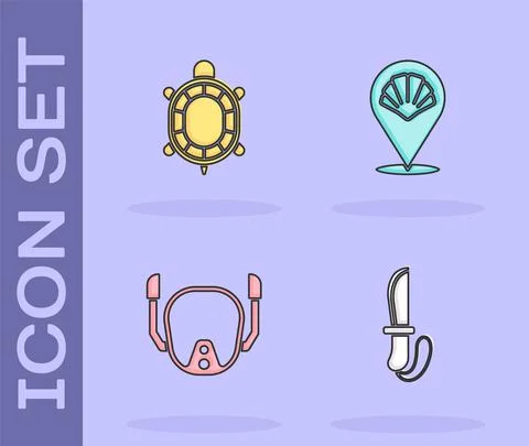 Set Knife, Turtle, Diving mask and Scallop sea shell icon. Vector Stock Illustration