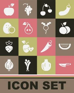 Set Knife, Watermelon, Mango fruit, Cherry, Pear, Coconut, Apple and Radish icon Stock Illustration