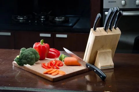 Set of knifes in Kitchen table Stock Photos