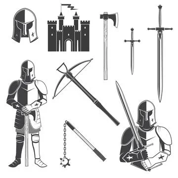 Set of knight and knight equipment icon Knife, dagger, sword, battle, castel Stock Illustration