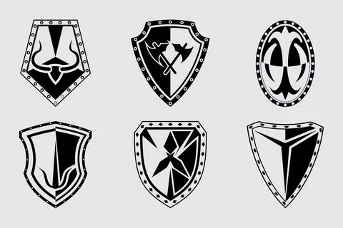 Set of Knight Shield Emblems, Black and White Decorative Shields Vector JPG- Stock Illustration