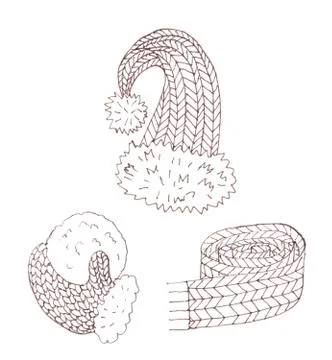Set of knitted winter elements scarf, hat, mittens, graphic monochrome linear Illustrazione stock