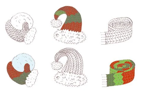 Set of knitted winter elements scarf, hat, mittens, graphic monochrome and co Stock Illustration