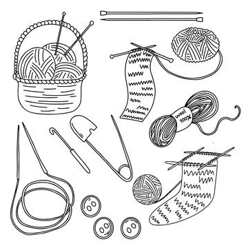 Set of knitting accessories in hand drawn doodle style. Crochet illustration. Stock Illustration