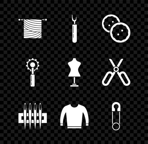 Set Knitting, Cutter tool, Sewing button for clothes, Needle sewing, Sweater Illustrazione stock