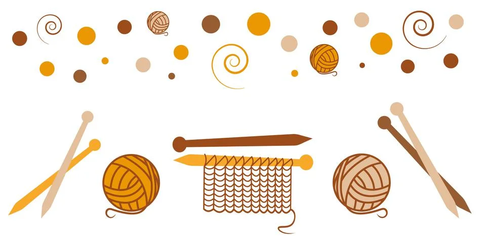 Set with knitting elements orange and brown cosy yarn, knitting needles. Vect Stock Illustration